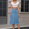 Women's Denim Skirt Button Down Front High Waist Pockets Midi Jean Skirts