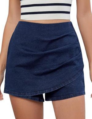 Jean Skorts for Woman High Waisted Pull On Trendy Casual Stretch Denim Skirt with Shorts Asymmetrical Wrap Skort