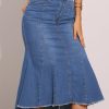 41ct032HjVL.jpg Women's Washed Fishtail Denim Skirt High Waist Raw Hem Fashion Casual Midi Jean Skirts with Pockets