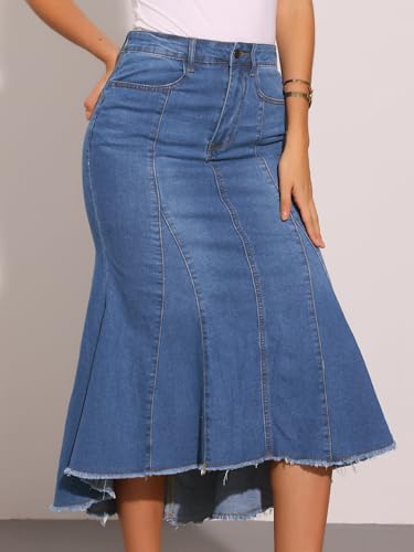 41ct032HjVL.jpg Women's Washed Fishtail Denim Skirt High Waist Raw Hem Fashion Casual Midi Jean Skirts with Pockets