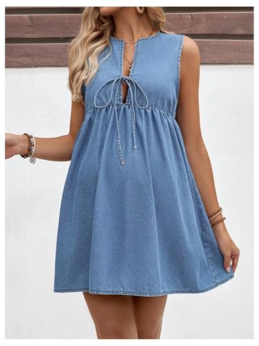 41d2AM3Ez0L.jpg Women's Maternity Dresses Sleeveless Jean Sundresses Tie Front Flowy Short Denim Dress