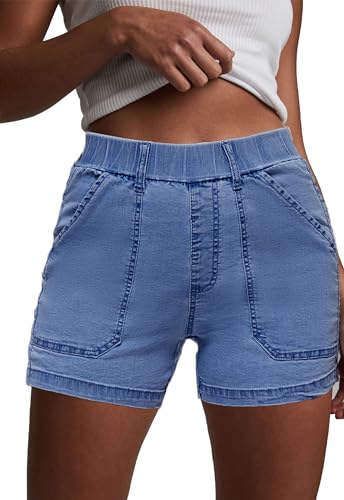 41d4tDZku0L.jpg Womens Jean Shorts High Waisted Summer Cotton Stretchy Casual Pull On Beach Elastic Waist Denim Shorts with Pockets