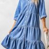 Womens Button Down Denim Dress Casual Loose Fit Cuffed Sleeve Ruffled Jean Dresses for Women 2025(no Belt)