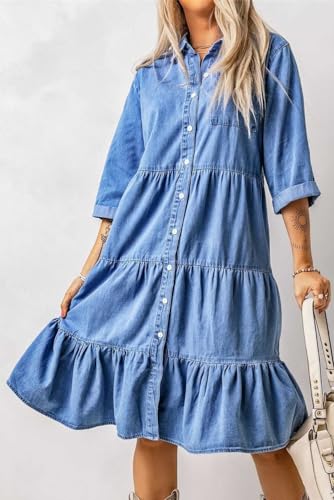 Womens Button Down Denim Dress Casual Loose Fit Cuffed Sleeve Ruffled Jean Dresses for Women 2025(no Belt)