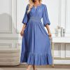41dFMi2T1bL.jpg Women's Maxi Denim Dress with Pockets V Neck Jean Dresses Elbow Sleeve Elastic Waist Tiered Casual Fall Outfits 2025