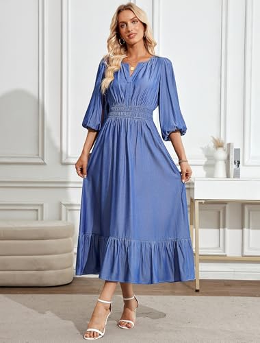 41dFMi2T1bL.jpg Women's Maxi Denim Dress with Pockets V Neck Jean Dresses Elbow Sleeve Elastic Waist Tiered Casual Fall Outfits 2025