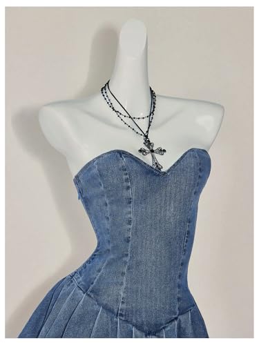 41dMc9DYPGL.jpg Women's Layered Ruffle Strapless Mini Denim Dress Sleeveless A Line Tube Dresses