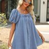 Denim Dress for Women, Puff Short Sleeve Jean Dress Square Neck Denim Romper with Pockets