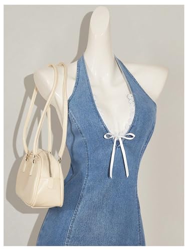 41e2yqh2ArL.jpg Women's Bow Halter Mini Jean Dress Lace Trim Sleeveless Backless Denim Dresses