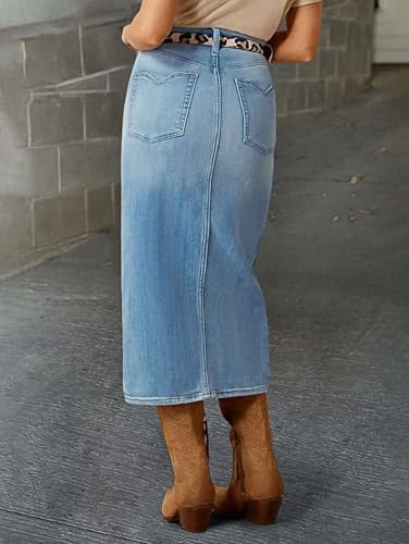 41e4LLhu58L.jpg Straight High Rise Vintage Zipped up Wash Split Thigh Midi Denim Skirt Without Belt