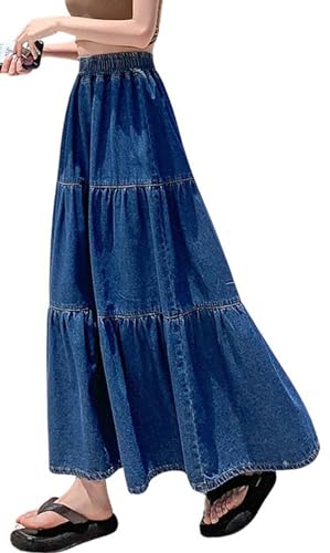 41ehe0PeFuL.jpg Women's Spring High Elastic Waist Tiered Denim Skirt Summer A-Line Maxi Long Jean Skirt