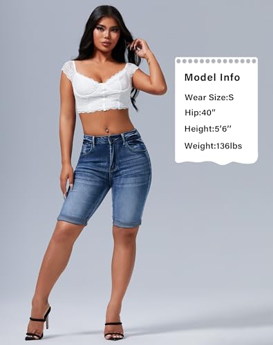 41elRaZF-ML.jpg Womens Mid Rise Roll Cuff Bermuda Stretch Denim Jean Shorts