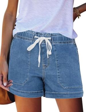 Womens Stretchy Denim Shorts 2025 Summer Casual Drawstring Elastic Waist Jean Shorts with Pockets