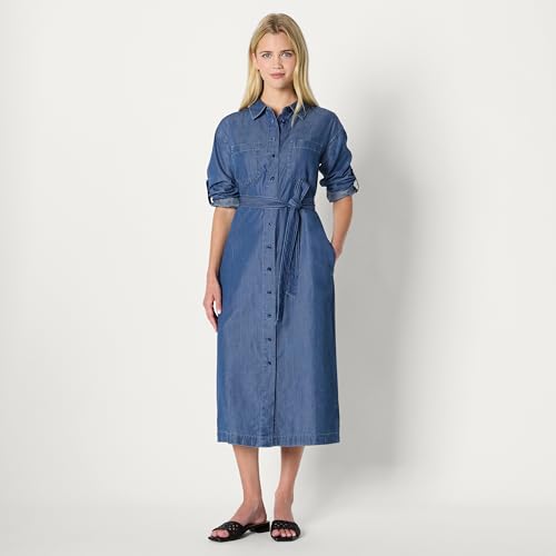 41fdrPk1gL.jpg Women's Regular-Fit Denim Chambray Long-Sleeve Button-Up Midi Dress