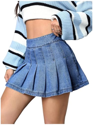 41fwcNJTq3L.jpg Women's Casual High Waisted Pleated Hem Zipper Up Denim Skirt Short Skirts