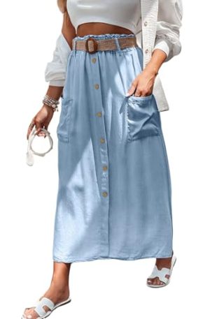 Women Summer Elastic Waist Flowy Tencel Denim Maxi Skirt A Line Button Ruffle Cargo Long Jean Skirt Boho Lightweight