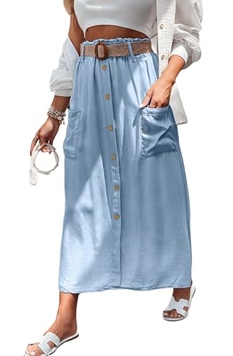 41gIcLM2aL.jpg Women Summer Elastic Waist Flowy Tencel Denim Maxi Skirt A Line Button Ruffle Cargo Long Jean Skirt Boho Lightweight