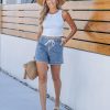 41gh3xhAtlL.jpg Jean Shorts for Women High Waisted Pull On Drawstring Elastic Waist Trendy Stretchy Denim Jorts Summer Shorts