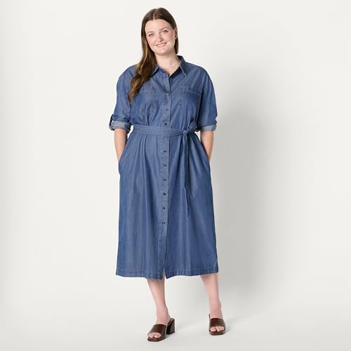 41hBdk61GCL.jpg Women's Regular-Fit Denim Chambray Long-Sleeve Button-Up Midi Dress