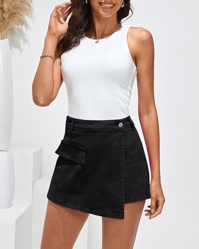 41hC3uqS3-L.jpg Denim Skorts for Woman Cargo Faux Wrap Jean Skort Skirts Stretchy High Waisted Skirt Shorts Country Concert Wear