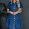 41hQa00j0L.jpg Women's Button Down Denim Babydoll Dress Lapel Collar Short Sleeve Flowy Tiered Ruffle Jeans Midi Dress