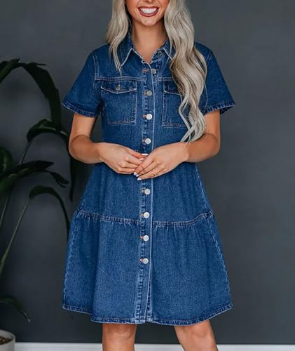 41hQa00j0L.jpg Women's Button Down Denim Babydoll Dress Lapel Collar Short Sleeve Flowy Tiered Ruffle Jeans Midi Dress