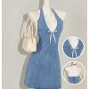 41hS021C0kL.jpg Women's Bow Halter Mini Jean Dress Lace Trim Sleeveless Backless Denim Dresses