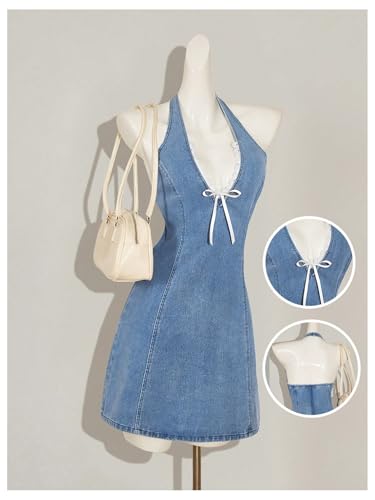 41hS021C0kL.jpg Women's Bow Halter Mini Jean Dress Lace Trim Sleeveless Backless Denim Dresses