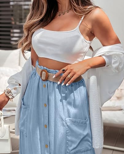 41hWaIHeE0L.jpg Women Summer Elastic Waist Flowy Tencel Denim Maxi Skirt A Line Button Ruffle Cargo Long Jean Skirt Boho Lightweight