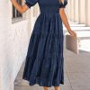 41hijBkoxXL.jpg Women's 2025 Summer Casual Midi Dresses Square Neck Short Sleeve Smocked A Line Floral Flowy Elegant Boho Dress
