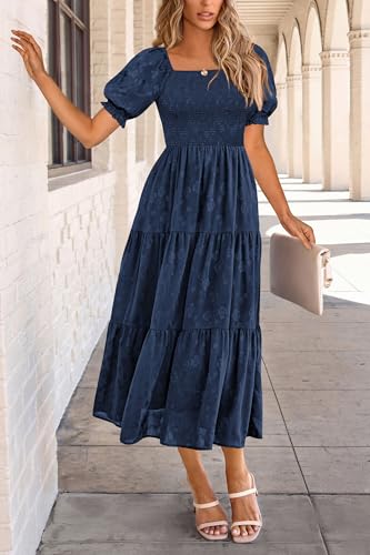 41hijBkoxXL.jpg Women's 2025 Summer Casual Midi Dresses Square Neck Short Sleeve Smocked A Line Floral Flowy Elegant Boho Dress