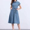 41iDIG3PKyL.jpg Denim Shirt Dress for Women's Casual Button Down Short Sleeves Belted Jean Midi Dress 2025 Trendy Outfits