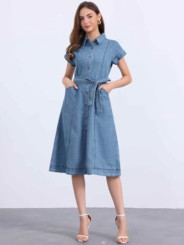 41iDIG3PKyL.jpg Denim Shirt Dress for Women's Casual Button Down Short Sleeves Belted Jean Midi Dress 2025 Trendy Outfits