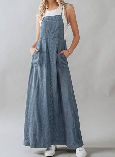 41iSYgAv7lL.jpg Women's 2025 Summer Spaghetti Strap Maxi Long Denim Dress Swing Flowy Jean Jumper Overall Dress