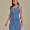41iuvvIudIL.jpg Denim Dresses for Women Sleeveless Stretchy Jean Summer Casual Western Short Button Down Dress with Patch Pocket