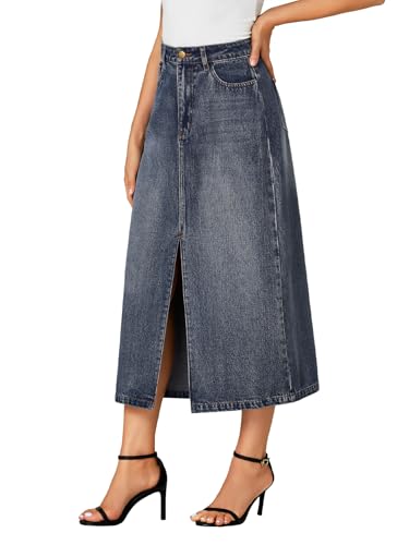 41ivf3Ut27L.jpg Women's High Waisted Jean Skirt Casual Split Denim Midi Skirt with Pockets