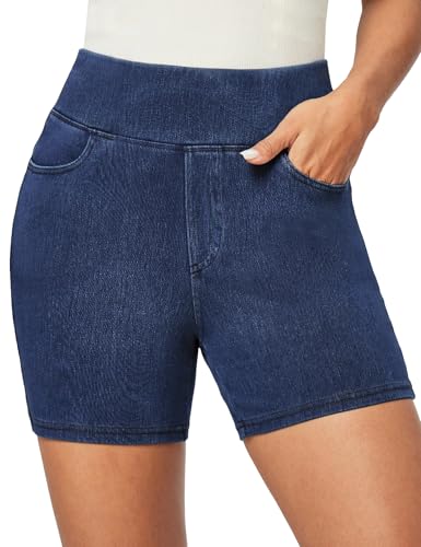 Stretchy Jean Shorts for Women High Waisted Pull On Jorts with Pockets Denim Shorts Women Summer Casual Shorts 2025