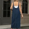 41jHophtKHL.jpg Women's V Neck Sleeveless Denim Overall Dress Adjustable Strap Vintage Back Slit Midi Jean Dress with Pockets