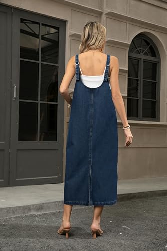 41jHophtKHL.jpg Women's V Neck Sleeveless Denim Overall Dress Adjustable Strap Vintage Back Slit Midi Jean Dress with Pockets