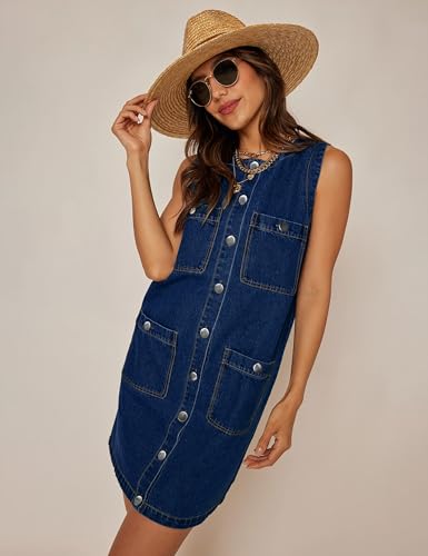 Denim Dress for Women, Sleeveless Jean Dress Button Down Dresses Casual Summer Denim Mini Dresses with Pockets