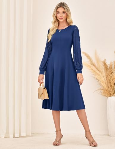 41jhDKB8NXL.jpg Women's 2025 Casual Long Lace Sleeve Dresses, Summer Flowy Crewneck A Line Plain Midi Dress with Pockets