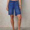 41jjq1jszOL.jpg Women's Raw Hem Denim Bermuda Shorts Mid Rise Long Jorts Baggy Pull On Strechy Jeans Shorts with Elastic Waist
