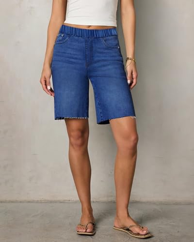 41jjq1jszOL.jpg Women's Raw Hem Denim Bermuda Shorts Mid Rise Long Jorts Baggy Pull On Strechy Jeans Shorts with Elastic Waist