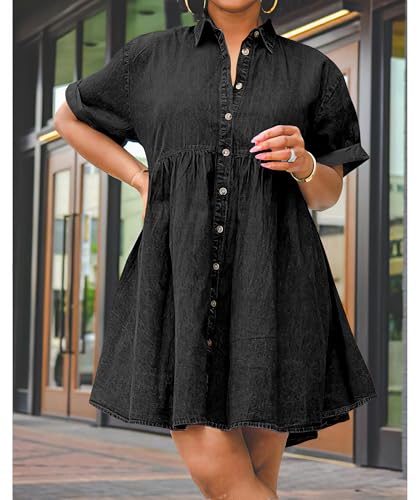 41jnPCukObL.jpg Womens Denim Babydoll Dresses Summer Outfits Button Down Ruffle Tiered Jean Dress