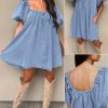 Denim Dress for Women, Puff Short Sleeve Jean Dress Square Neck Denim Romper with Pockets
