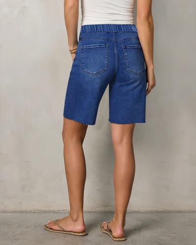 41k4M2Yj7PL.jpg Women's Raw Hem Denim Bermuda Shorts Mid Rise Long Jorts Baggy Pull On Strechy Jeans Shorts with Elastic Waist