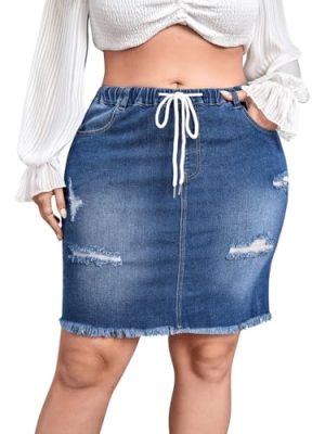 41k9y4h78HL.jpg Women's Plus Size Denim Skirt High Waisted Elastic Drawstring Waist Raw Hem Ripped Vintage Short Jean Skirt