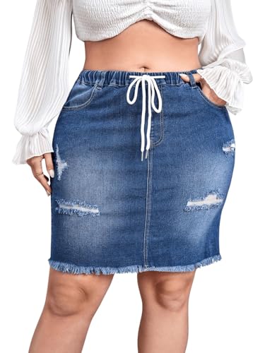 41k9y4h78HL.jpg Women's Plus Size Denim Skirt High Waisted Elastic Drawstring Waist Raw Hem Ripped Vintage Short Jean Skirt