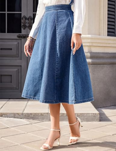 41kEs2ahOLL.jpg SDEER Women's Denim A Line Skirt Casual Stretch High Waist Flared Midi Jean Skirts