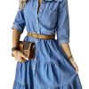 Womens Button Down Denim Dress Casual Loose Fit Cuffed Sleeve Ruffled Jean Dresses for Women 2025(no Belt)